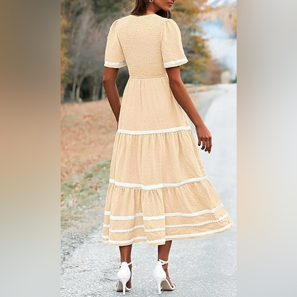 Cream Ruched Tiered Dress - Picture 3 of 11